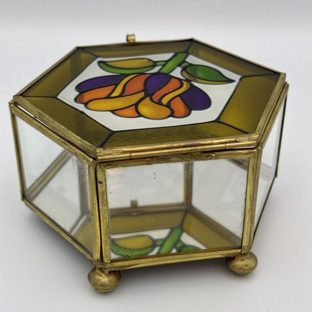 Stained Glass Mirror Brass Footed Trinket Box Flower Vintage Vanity Dresser